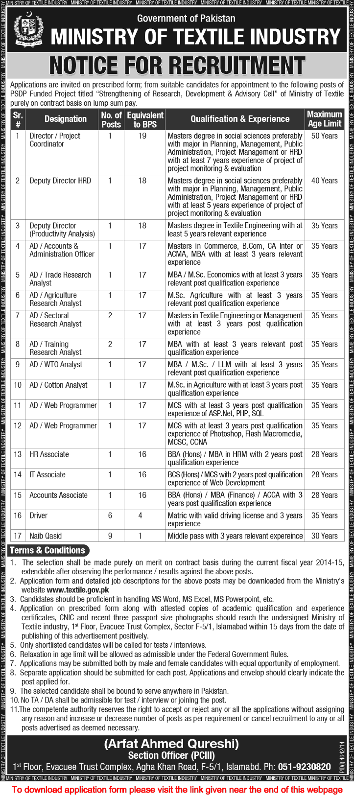Ministry of Textile Industry Jobs 2015 March Application Form Download